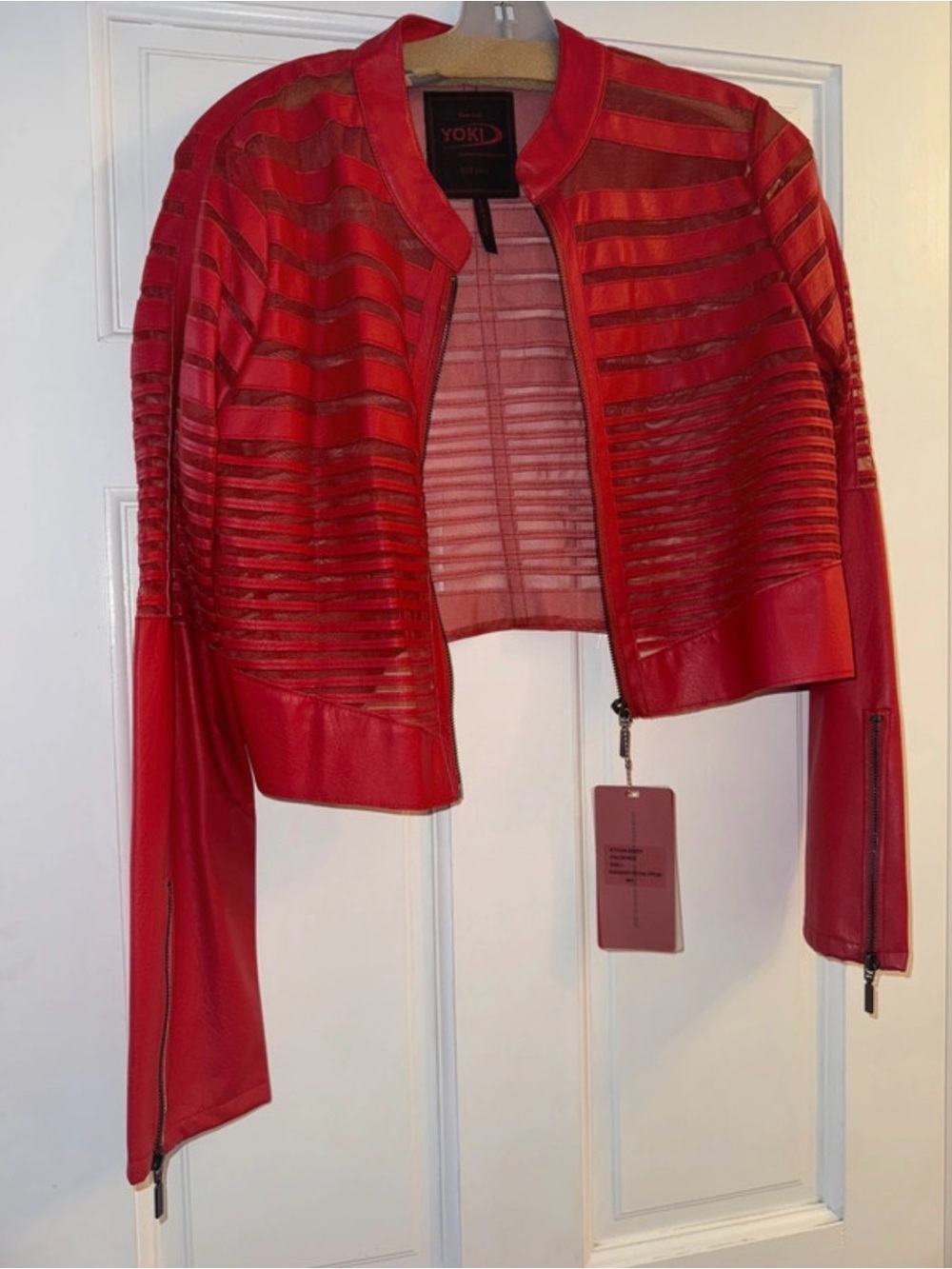 Yoki Red Sheer-Stripe Cropped Leather Jacket